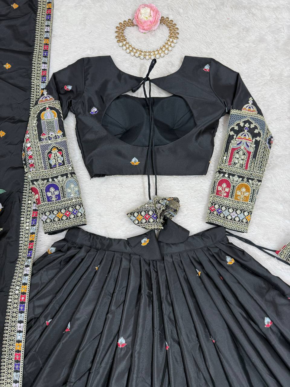 Majestic Midnight Black Designer Lehenga Choli Featuring Intricate Multicolored Architectural Embroidery and Mirror Work